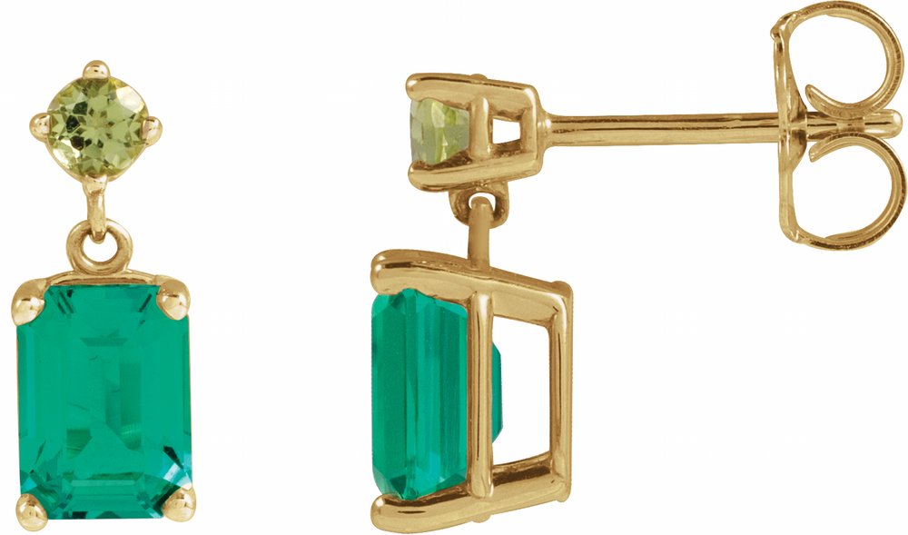 14K Yellow Lab-Grown Emerald & Natural Peridot Dangle Earrings