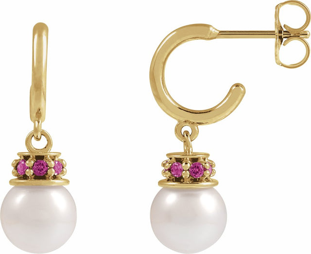 14K Yellow Gold Cultured White Freshwater Pearl & Natural Pink Tourmaline Hoop Earrings