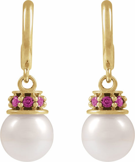 14K Yellow Cultured White Freshwater Pearl & Natural Pink Tourmaline Hoop Earrings