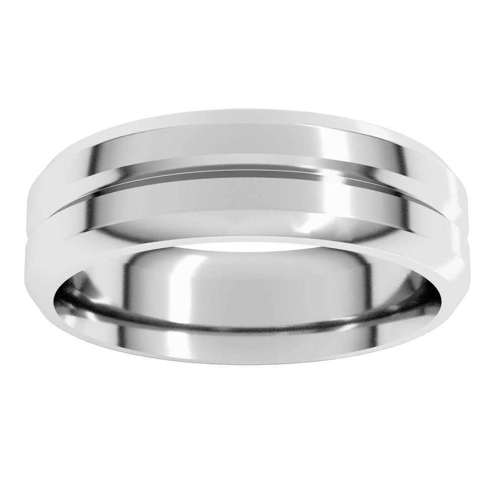 14K White Gold 6 mm Beveled-Edge Grooved Comfort-Fit Flat Band Size 7