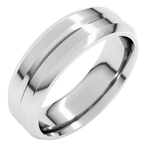 14K White Gold 6 mm Beveled-Edge Grooved Comfort-Fit Flat Band Size 7