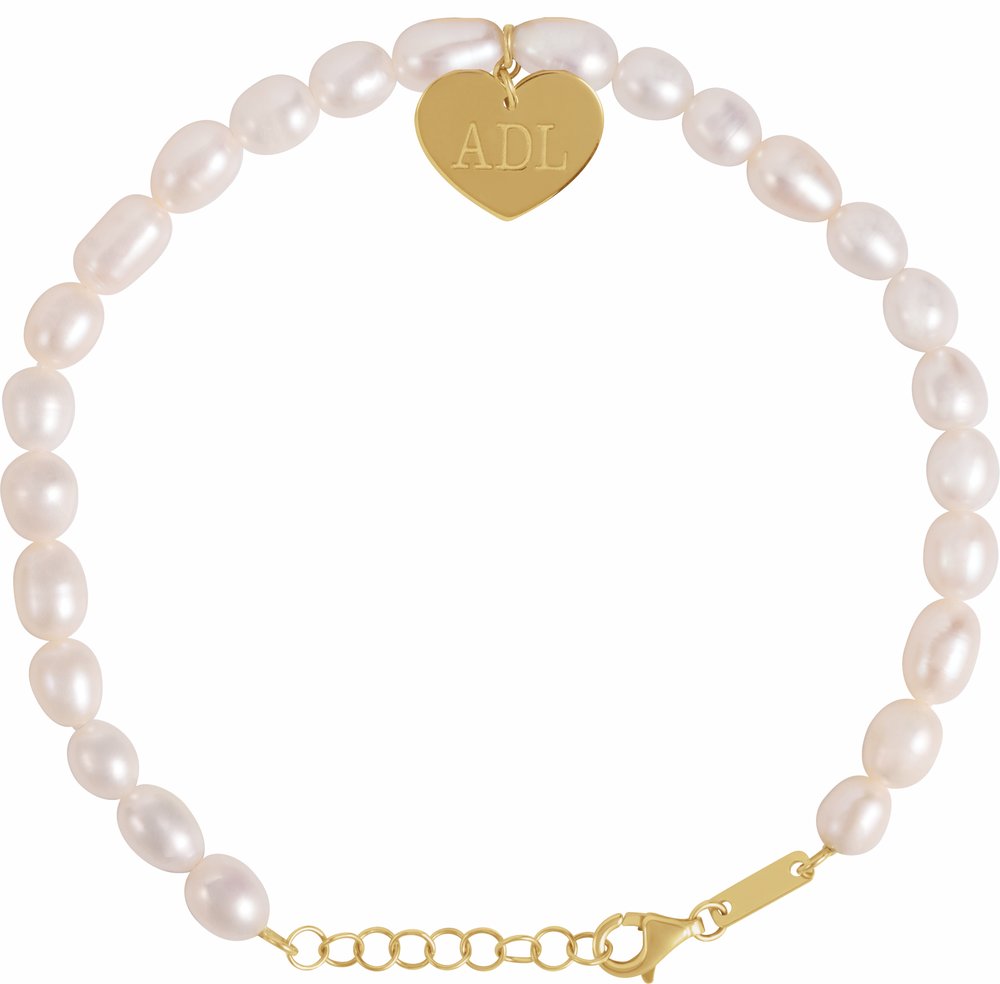 14K Yellow Cultured White Freshwater Pearl & Heart 7-8" Bracelet