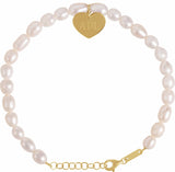 14K Yellow Cultured White Freshwater Pearl & Heart 7-8" Bracelet