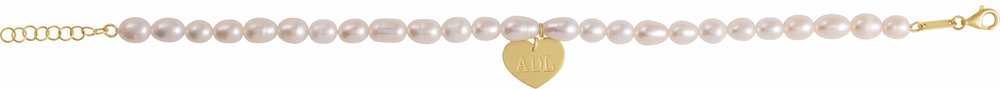 14K Yellow Cultured White Freshwater Pearl & Heart 7-8" Bracelet