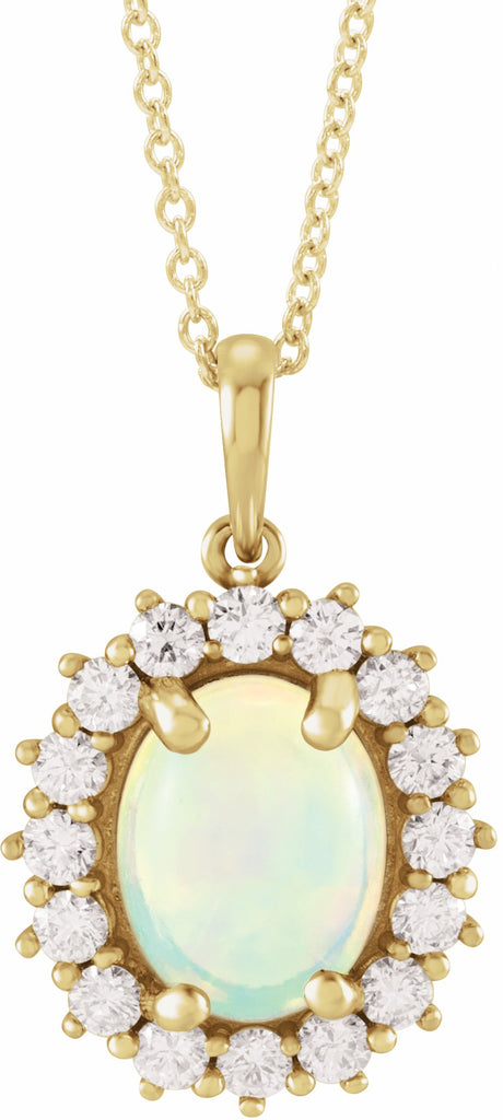 14K Yellow Natural White Ethiopian Opal & 1/3 CTW Natural Diamond Halo-Style 16-18" Necklace