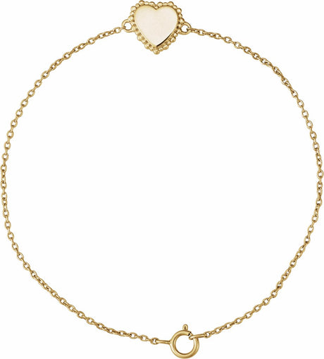14K Yellow Gold Engravable Beaded Heart 7" Bracelet