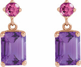 14K Rose Gold Natural Amethyst & Natural Pink Tourmaline Dangle Earrings