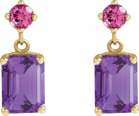 14K Yellow Gold Natural Amethyst & Natural Pink Tourmaline Dangle Earrings