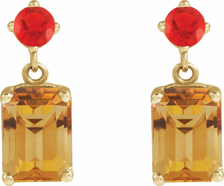 14K Yellow Natural Citrine & Natural Mexican Fire Opal Dangle Earrings