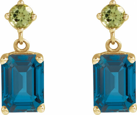 14K Yellow Natural London Blue Topaz & Natural Peridot Dangle Earrings