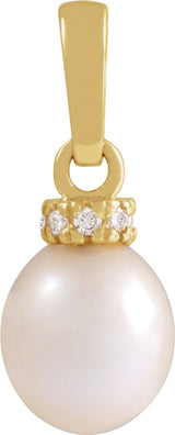 14K Yellow Gold Cultured White Freshwater Pearl & .08 CTW Natural Diamond Pendant
