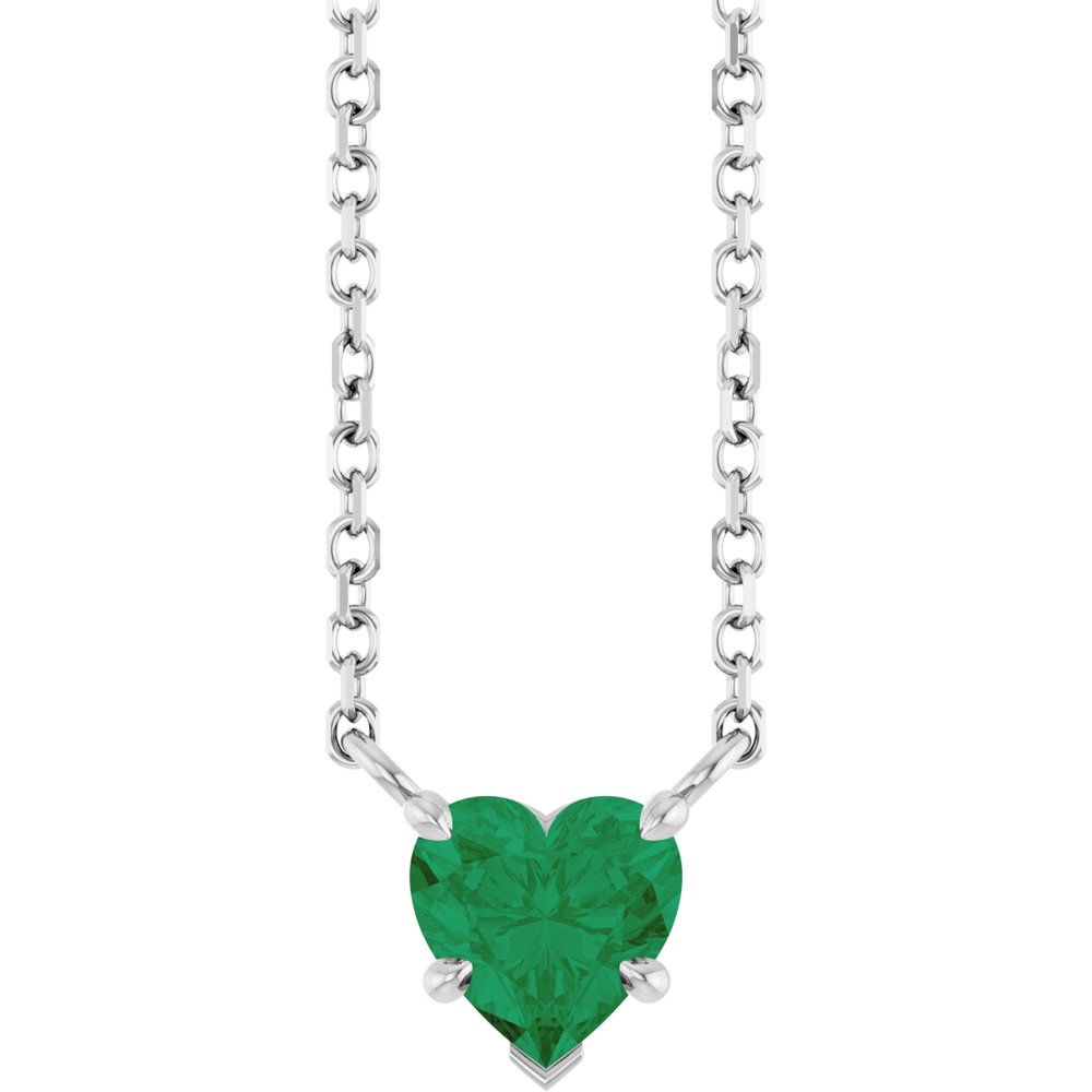 14K White Gold Lab-Grown Emerald Solitaire 18" Necklace