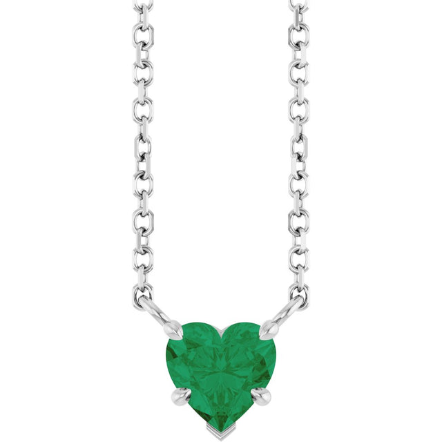 14K White Gold Lab-Grown Emerald Solitaire 18" Necklace