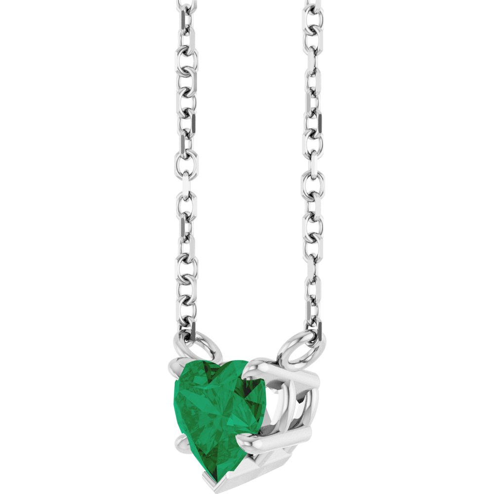 14K White Gold Lab-Grown Emerald Solitaire 18" Necklace