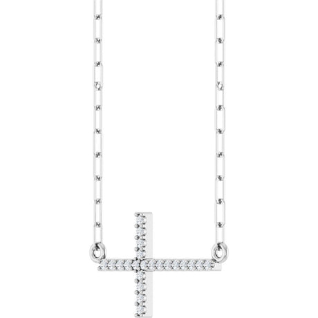 Sterling Silver .08 CTW Natural Diamond Sideways Cross 18" Necklace
