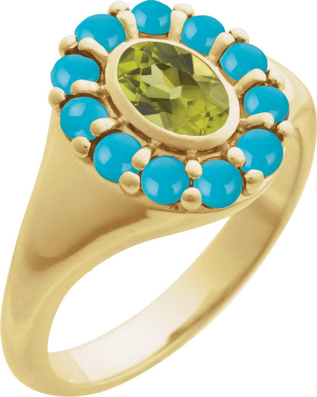 14K Yellow Gold Natural Peridot & Natural Turquoise Halo-Style Ring