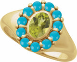 14K Yellow Natural Peridot & Natural Turquoise Halo-Style Ring