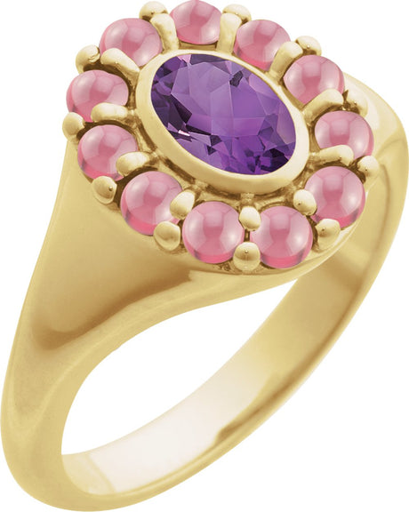 14K Yellow Gold Natural Amethyst & Natural Rhodolite Garnet Halo-Style Ring
