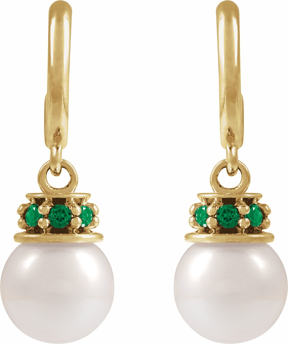 14K Yellow Cultured White Freshwater Pearl & Natural Tsavorite Garnet Hoop Earrings