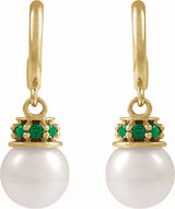 14K Yellow Cultured White Freshwater Pearl & Natural Tsavorite Garnet Hoop Earrings