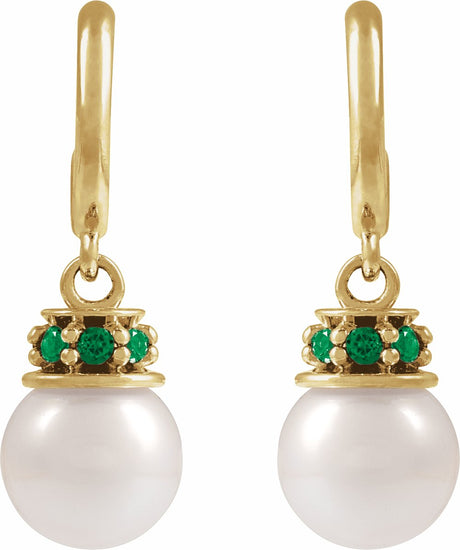 14K Yellow Cultured White Freshwater Pearl & Natural Tsavorite Garnet Hoop Earrings