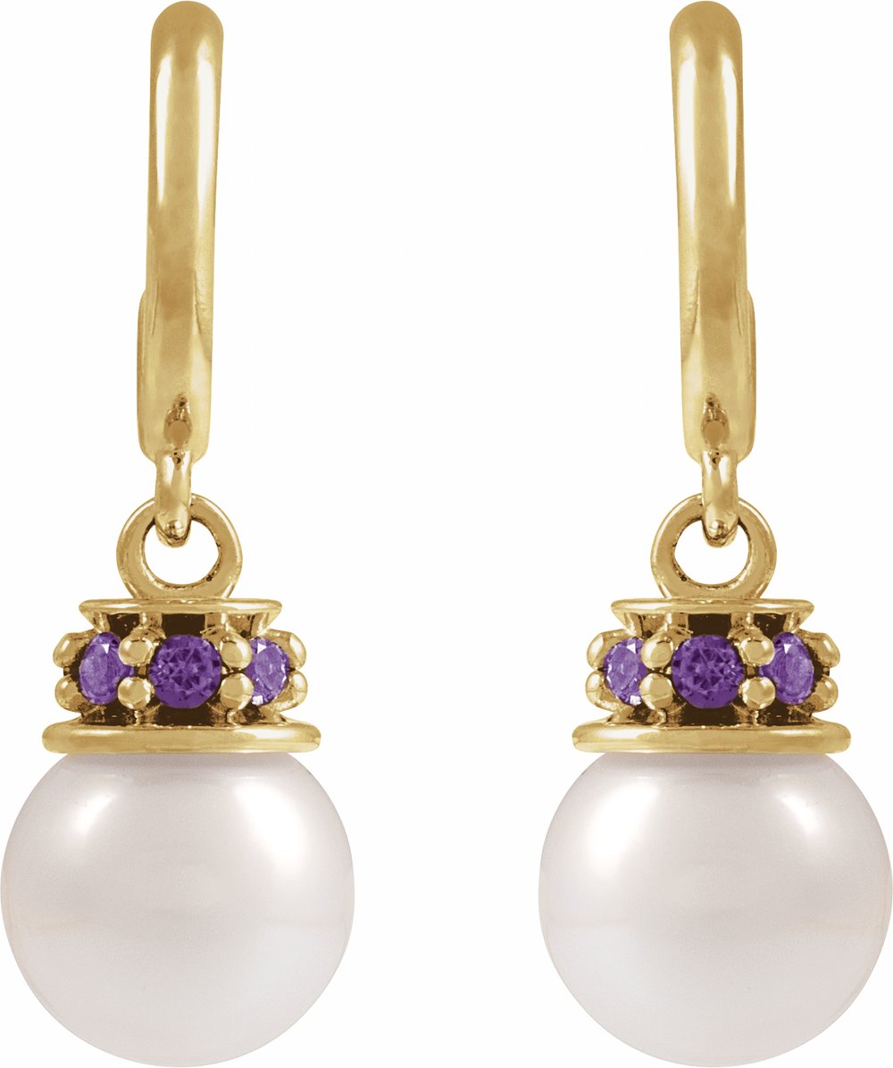 14K Yellow Cultured White Freshwater Pearl & Lab-Grown Purple Sapphire Hoop Earrings