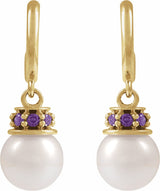 14K Yellow Cultured White Freshwater Pearl & Lab-Grown Purple Sapphire Hoop Earrings