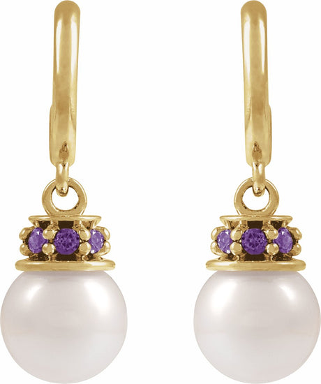 14K Yellow Cultured White Freshwater Pearl & Lab-Grown Purple Sapphire Hoop Earrings