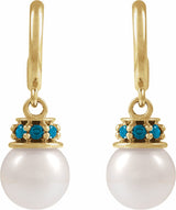 14K Yellow Cultured White Freshwater Pearl & Natural London Blue Topaz Hoop Earrings