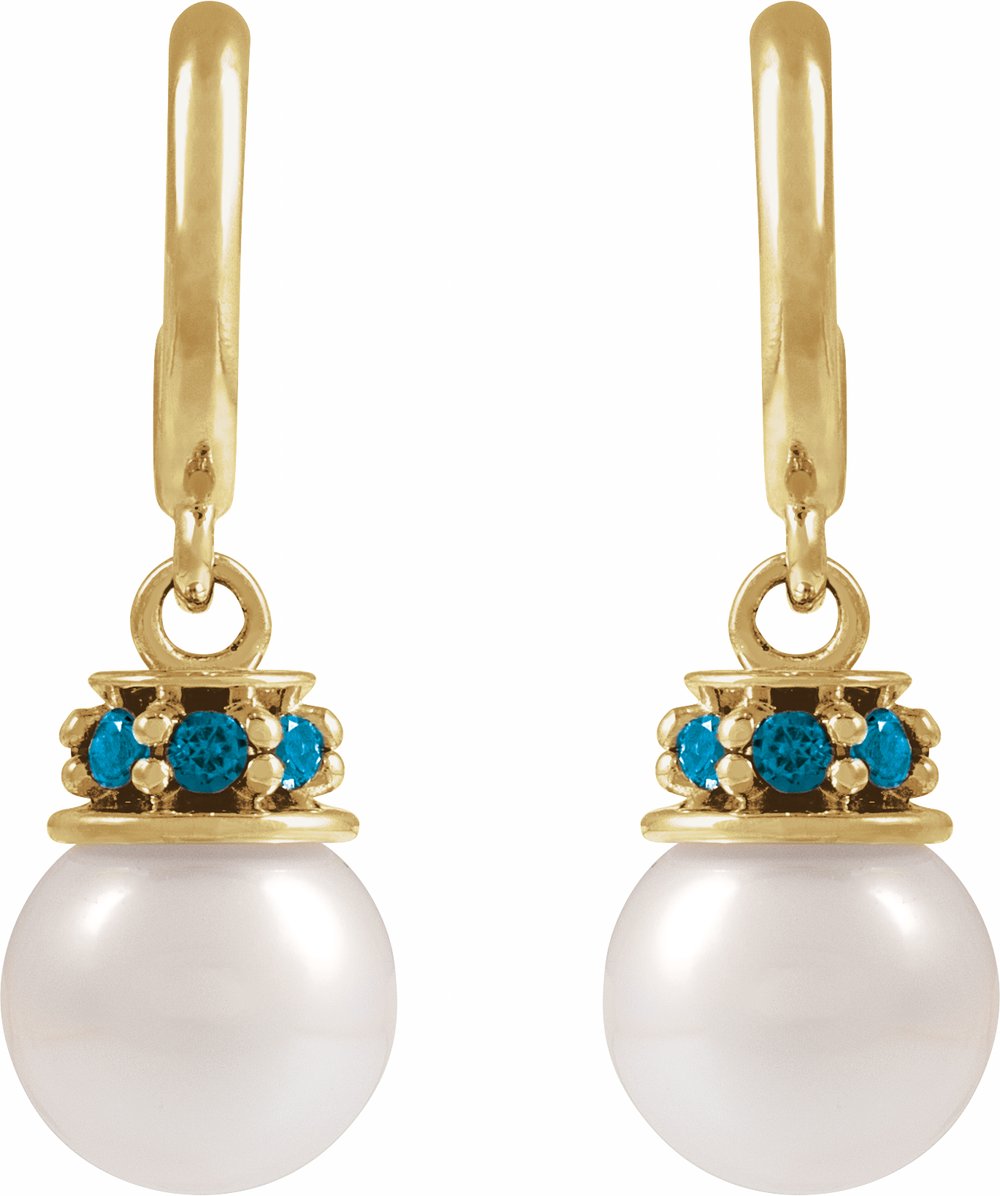 14K Yellow Cultured White Freshwater Pearl & Natural London Blue Topaz Hoop Earrings
