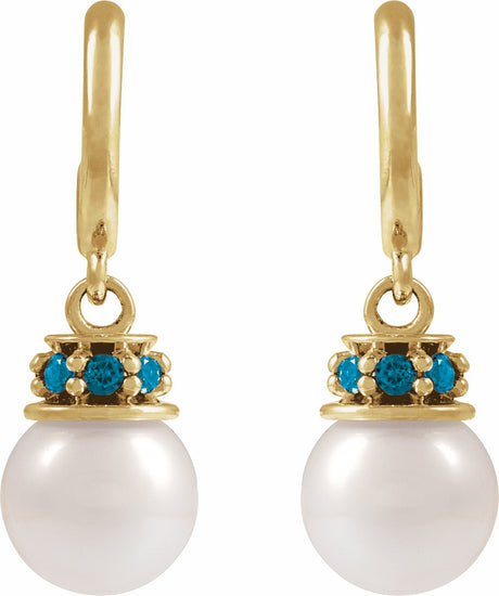 14K Yellow Cultured White Freshwater Pearl & Natural London Blue Topaz Hoop Earrings