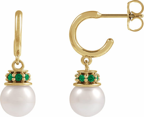 14K Yellow Cultured White Freshwater Pearl & Natural Tsavorite Garnet Hoop Earrings