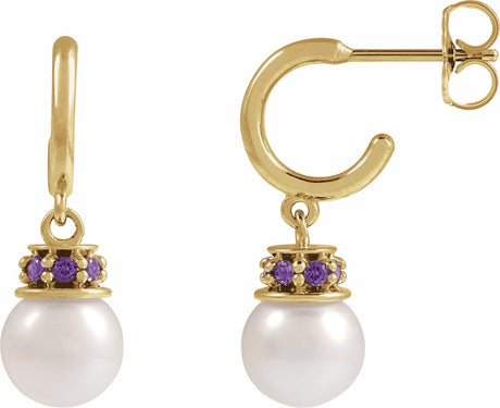 14K Yellow Cultured White Freshwater Pearl & Lab-Grown Purple Sapphire Hoop Earrings