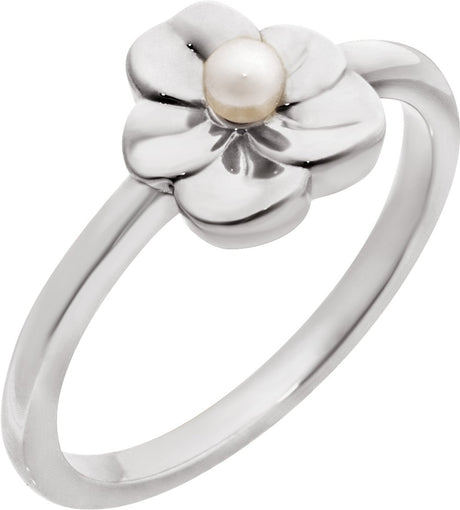 14K White Cultured White Seed Pearl Floral Ring