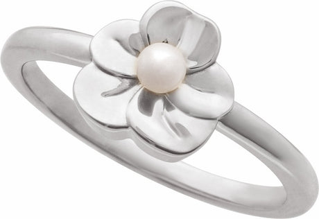 14K White Cultured White Seed Pearl Floral Ring