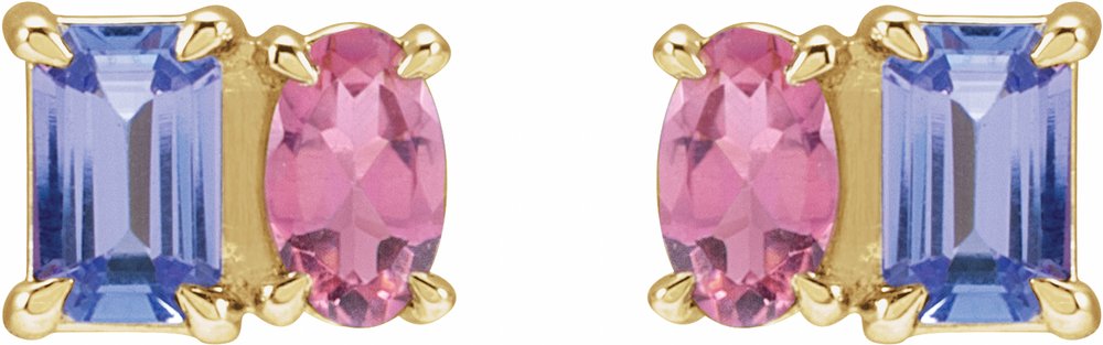 14K Yellow Natural Tanzanite & Natural Pink Tourmaline Two-Stone Stud Earrings