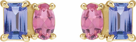 14K Yellow Gold Natural Tanzanite & Natural Pink Tourmaline Two-Stone Stud Earrings