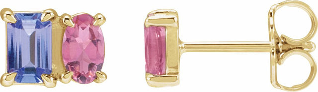 14K Yellow Natural Tanzanite & Natural Pink Tourmaline Two-Stone Stud Earrings