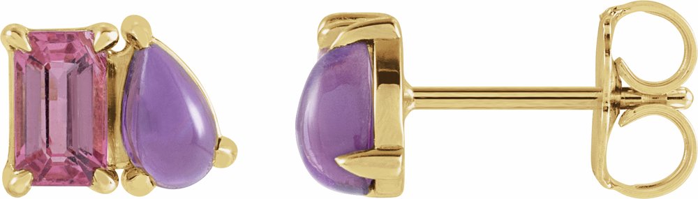 14K Yellow Natural Pink Tourmaline & Natural Amethyst Two-Stone Stud Earrings