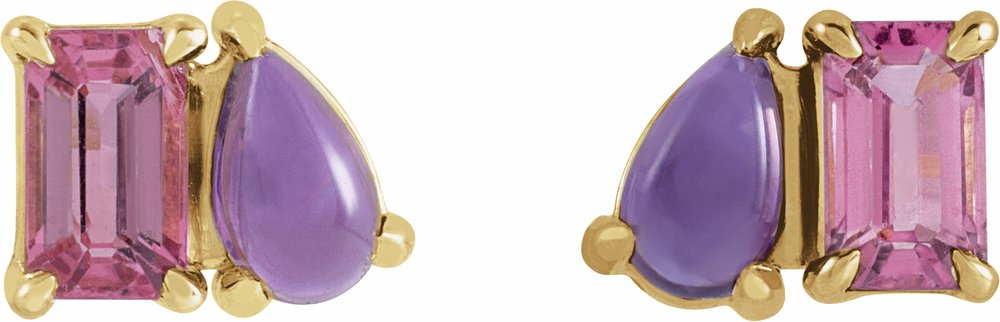 14K Yellow Natural Pink Tourmaline & Natural Amethyst Two-Stone Stud Earrings