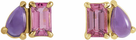 14K Yellow Natural Pink Tourmaline & Natural Amethyst Two-Stone Stud Earrings