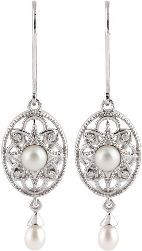 Sterling Silver Cultured White Freshwater Pearl & .05 CTW Natural Diamond Earrings