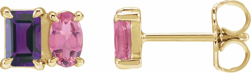 14K Yellow Natural Amethyst & Natural Pink Tourmaline Two-Stone Stud Earrings