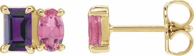 14K Yellow Natural Amethyst & Natural Pink Tourmaline Two-Stone Stud Earrings