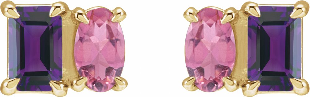 14K Yellow Natural Amethyst & Natural Pink Tourmaline Two-Stone Stud Earrings