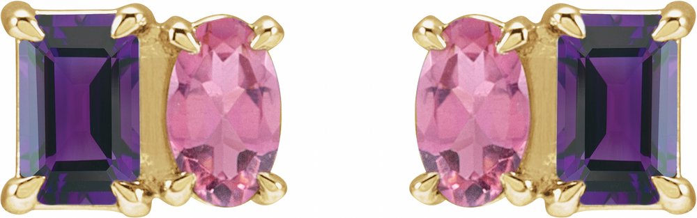 14K Yellow Gold Natural Amethyst & Natural Pink Tourmaline Two-Stone Stud Earrings