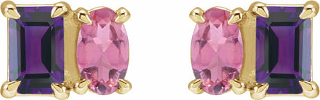 14K Yellow Natural Amethyst & Natural Pink Tourmaline Two-Stone Stud Earrings