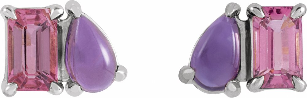 14K White Natural Pink Tourmaline & Natural Amethyst Two-Stone Stud Earrings