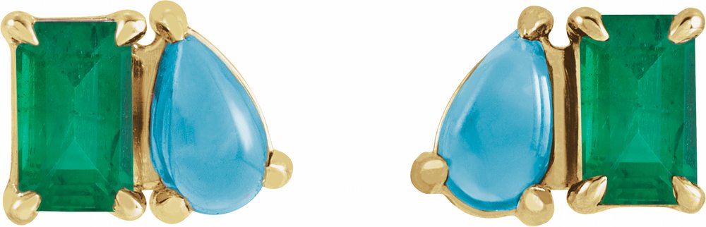 14K Yellow Lab-Grown Emerald & Natural Turquoise Two-Stone Stud Earrings