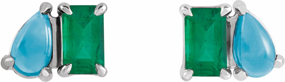 14K White Gold Lab-Grown Emerald & Natural Turquoise Two-Stone Stud Earrings